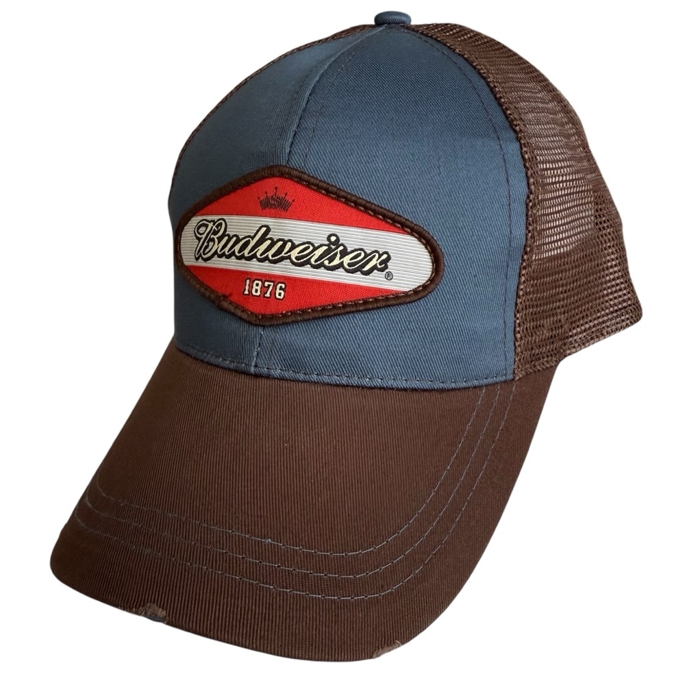 BUDWEISER Brown Blue Snapback Trucker Cap Hat Patch Logo and factory distressing